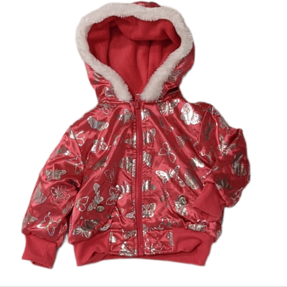 Kidgets baby girl jacket size 13 months pink and silver butterfly,faux fur hood